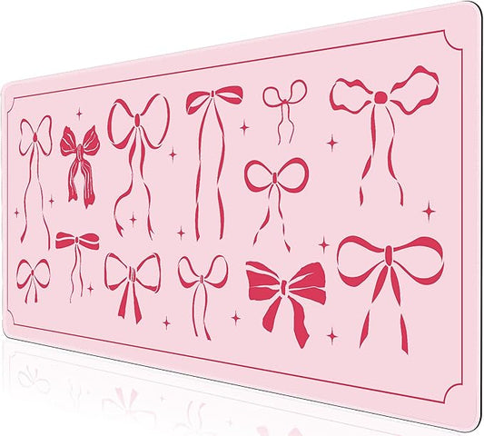 L-SPOUTTO Pink Bow Desk Mat for Keyboard and Mouse,XXL Large Mouse Pad Non-Slip Keyboard Pad Waterproof Desktop Mat for Laptop Computer Work Game Home Office-Pink Ribbon
