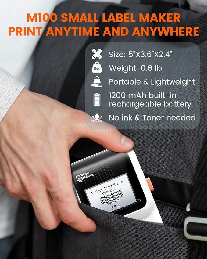 Label Maker, M100 Address Label Printer, Versatile App with 4000 Icons and 300 Templates, Barcode Bluetooth Label Printer for Small Business, Home, Office, School Organization, White