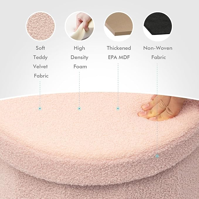 B FSOBEIIALEO Storage Ottoman Cube, Round Ottomans with Storage Foot Stool Footrest for Lving Room, Boucle Ottoman Seat for Dorm Room,Faux Teddy Fur, Pink 15"x15"x13.19"
