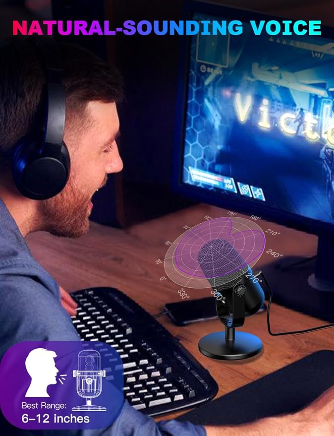 Gaming Microphone with Noise Cancellation & Mute Button, USB Condenser Mic for Streaming/Recording, Ultra-Compact Design, Compatible with PC/Mac/PS4/PS5, Podcast/YouTube/Twitch/Discord (Black)