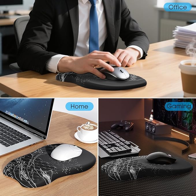 MROCO Ergonomic Mouse Pad with Wrist Support, Wrist Rest Mousepads for Carpal Tunnel Pain Relief, Memory Foam Pad with Massage Bulge and Non-Slip Base for Office, Home, Kanagawa Wave