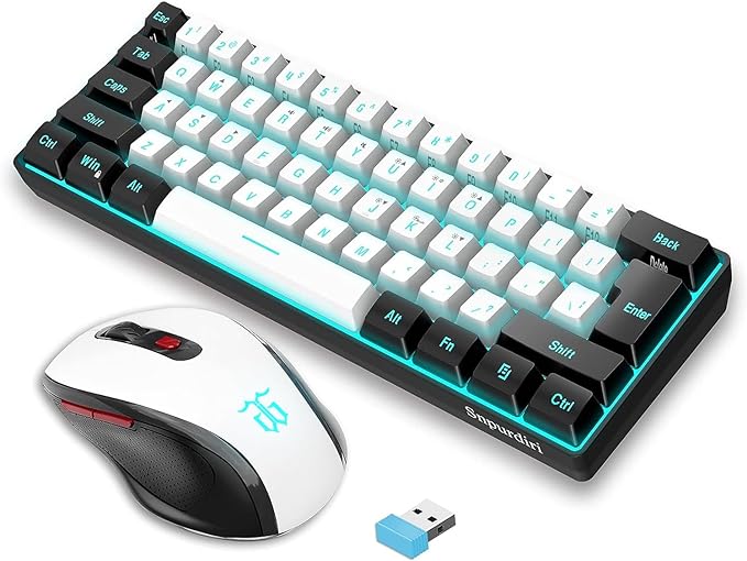 Snpurdiri 2.4G Wireless Gaming Keyboard and Mouse Combo, Include Mini 60% Merchanical Feel RGB Backlit Keyboard, Ergonomic Vertical Feel Small Wireless Mouse(Black and White)