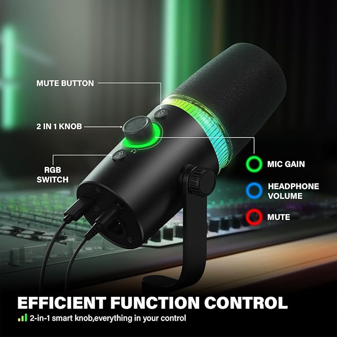 USB/XLR Dynamic Microphone Podcast & Gaming Microphone for PC, Vocal Mic with RGB Lighting, Tap-to-Mute, Gain Control & Headphone Monitoring for YouTube Streaming