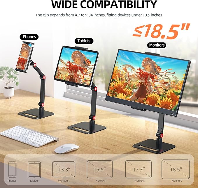 UPERFECT Adjustable Tablet Stand, 360° Swivel & 180° Tilt, Foldable Arm Holder for 4.7–9.87'' Telescopic Clamp, Compatible with ≤18.5'' Monitor/iPhone/iPad/Tablet, Aluminum Alloy, Black