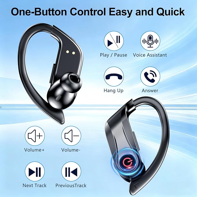 2026 Wireless Earbuds 120hrs Bluetooth 6.1 Headphones Sports Ear Hook with Mic, Noise Canceling Ear Buds with Charging Case, Easy Button Controls Dual LED Display Case Sweat and Water Resistant Black