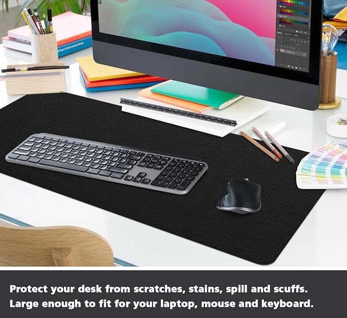 Leather Desk Pad Protector Large Mouse Pad Office Desk Mat Non-Slip PVC Leather Desk Blotter Laptop Desk Pad Waterproof Desk Accessories Organizer for Office Women Men Kids (Black,24" x 48")