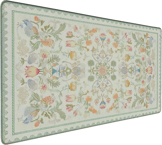 Sage Green Floral XXL Desk Mat - Cute Large Mouse Pad with Stitched Edges & Anti-Slip Base for Computer, Keyboard, Laptop | Aesthetic Office Supplies & Desk Decor for Women, Home, Office