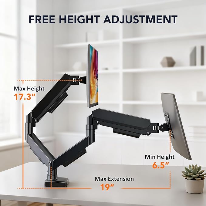 Dual Monitor Stand Adjustable Monitor Desk Mount for 17″–32″ Computer Screens, Full Motion VESA Pattern 75x75/100x100 with C-Clamp & Grommet Aluminum Base, Each Arm Holds 4.4 to 20 lbs HD09B-201