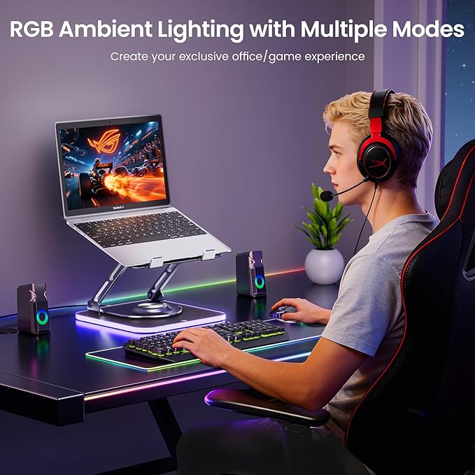Laptop Stand for Desk, Adjustable Computer Stand with 360° Rotating Base, Ergonomic Laptop Riser for Collaborative Work, Foldable & Portable Laptop Stand, fits for All 10-16" Laptops (RGB-Gray)