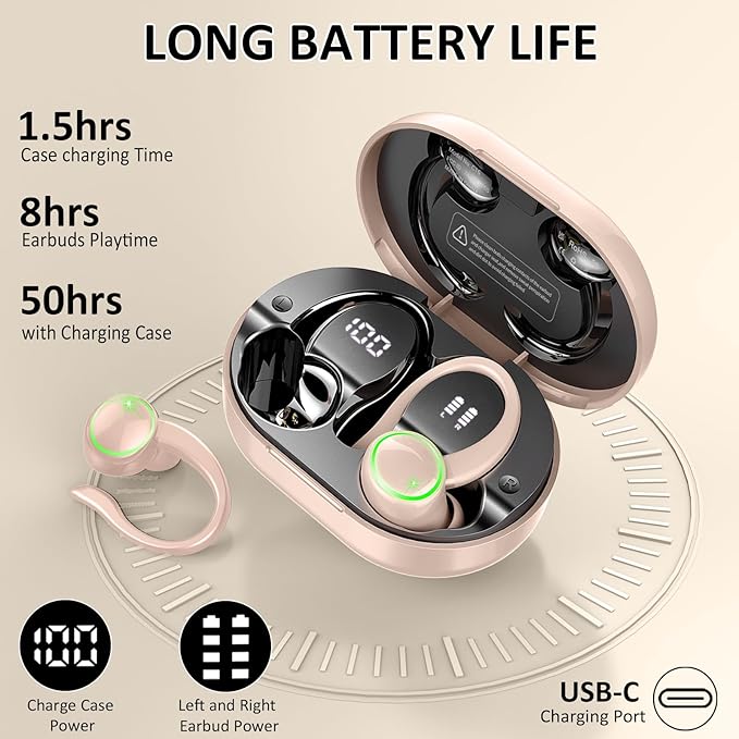 Wireless Earbuds, Bluetooth 5.4 Headphones Sports, 50H Playback Over-Ear buds with ENC Noise Cancelling Mic, Deep Bass Fitness Earphones with Earhooks, IP7 Waterproof Headset for Running Workout Pink