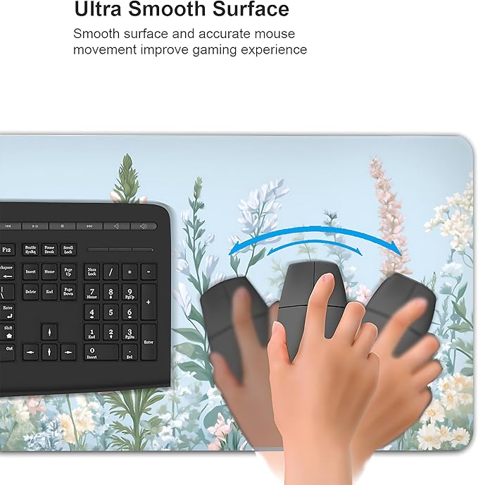 Cute Floral Aesthetic Wildflower Gaming Mouse Pad, Sky Blue Macaron Desk Mat with Anti-Slip Base & Stitched Edges, Computer Keyboard & Laptop Pad, 35.4" x 15.7" in in Workstation Accessories