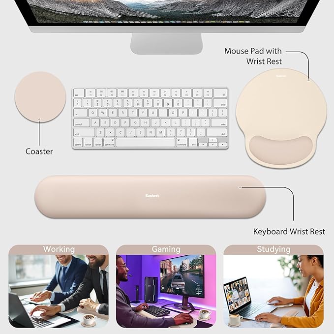 Sushret Mouse Pad and Keyboard Wrist Rest, 3-in-1 Gel Memory Foam Ergonomic Mouse Pad with Wrist Rest Set, Gaming Mousepad Arm Cushion Support for Computer Office Desk Accessories Cute Setup,Apricot