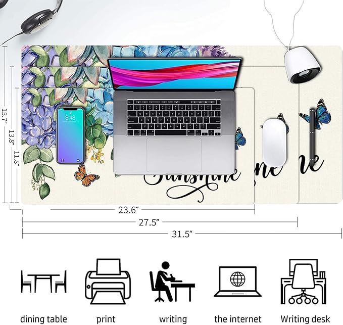 Large Mouse Pad, Hello Sunshine Floral Desk Mat for Desktop, Women Girls Flowers PU Leather Waterproof Desk Pad, Computer PC Laptop Protector Gaming Mouse Pads for School Office Home (31.5" x 15.7")