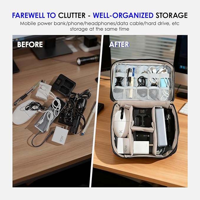 Cable Organizer bag for women or men,Electronic Accessories Carry Case Portable Waterproof Double Layers All-in-One Storage Bag for Cord, Charger, Phone, Earphone (Black)