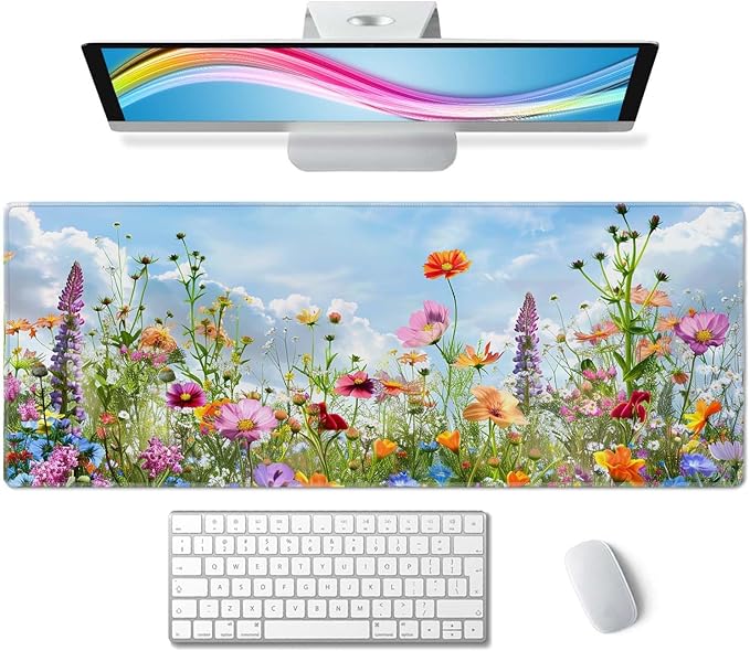 Flowers in Garden Large Gaming Mouse Pad Keyboard Desk Pad Extended Mouse Pad Gaming Office Decor, PC Laptop Mouse Pads Large (31.5x151.8 in) with Stitched Edges Non-Slip Base Mousepad XL
