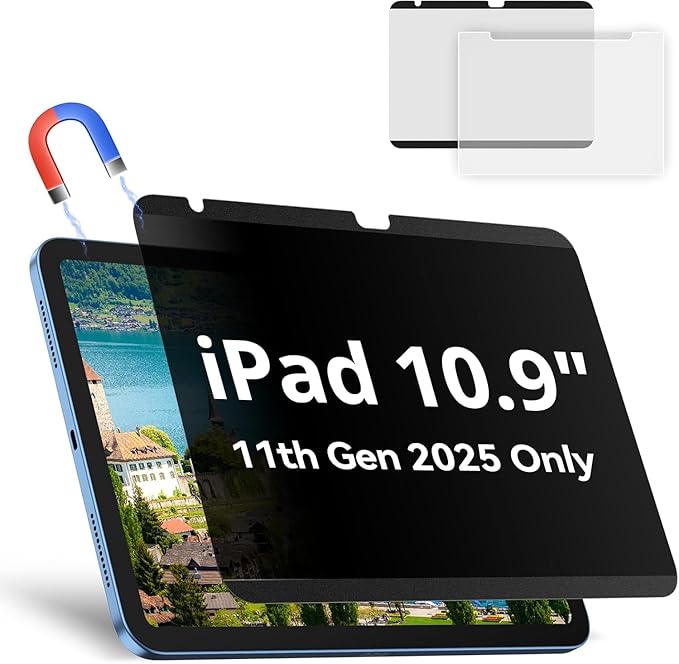 Magnetic Privacy Screen Protector Compatible with iPad A16 (10/11th Generation) 10.9 /11Inch 2022/2025 , Anti Glare Shield Anti Blue Light Filter, Bubble-Free Film Easy Install Black Security Guard