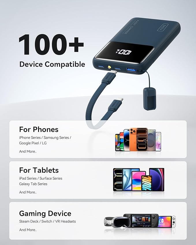 INIU Small Portable Charger, 45W PD Fast Charging 10000mAh Power Bank, Battery Pack with Attached USB C Cable, Travel Essentials Powerbank for iPhone 17 16 15 14 Pro Air, Xiaomi, Samsung S25, Blue