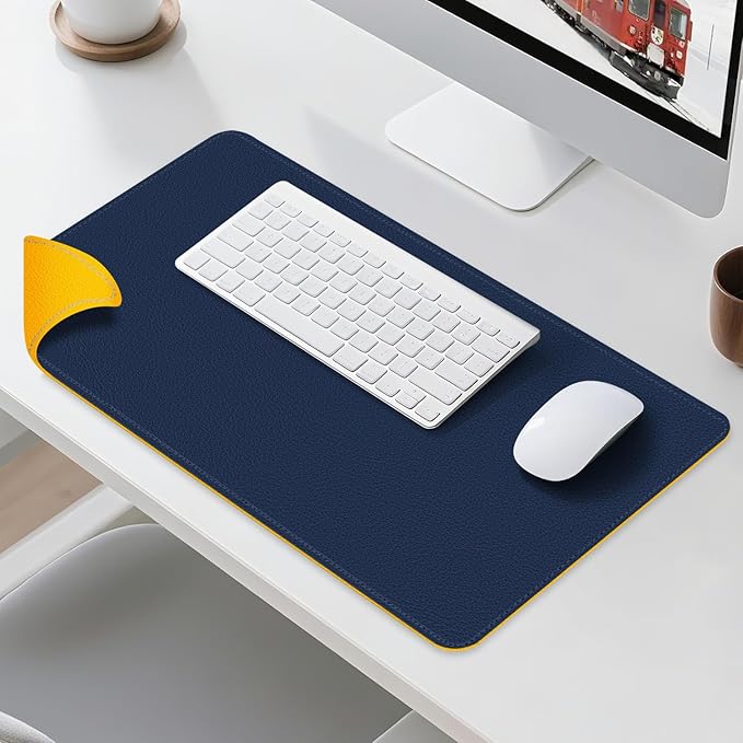 Dual Sided Leather Desk Mat - Waterproof Desk Pad - Ideal for Large Mouse Pad and Desk Mats on Top of Desks (Dark Blue, 33"*13")
