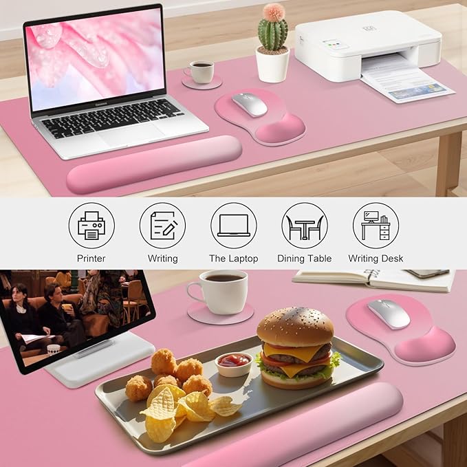 4-in-1 Large Gaming Mouse Pad, Keyboard Wrist Rest Pad & Wrist Support Mousepad Set, Extended Desk Pad Waterproof Desk Mat for Home Office Decor Study Game 35.4×15.7 Inches I Gradient Pink Blush