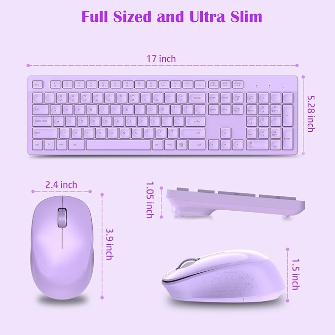 LeadsaiL Purple Wireless Keyboard and Mouse Combo, Full-Sized Ergonomic Computer Keyboard, 2.4GHz USB Cordless Keyboard Silent Mouse Set, 12 FN Shortcuts for Windows MacOS Laptop Computer