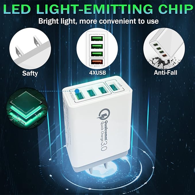 USB Charger 40W Quick Charge 3.0, CARZONJX 5V/3.1A 4 Port Fast Charging Block [with LED Light] Wall Charger Plug Cube for Galaxy/Note/Edge, iPhone 17 16 15 14 13 12 11 X 8, iPad, LG, Moto, Switch