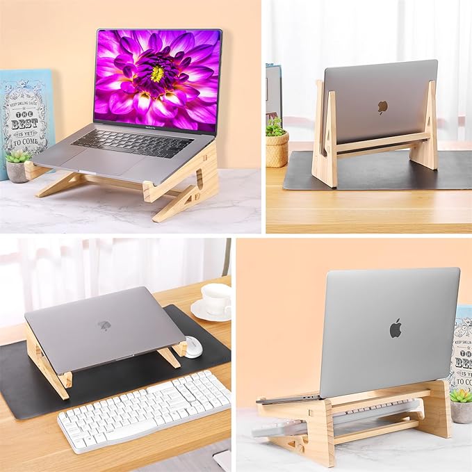 Wooden Laptop Stand for Desk, Vertical & Horizontal Wood Laptop Riser with Keyboard Storage, Compatible with MacBook Air Pro/Dell/HP/Lenovo 13-17 Inch Laptops