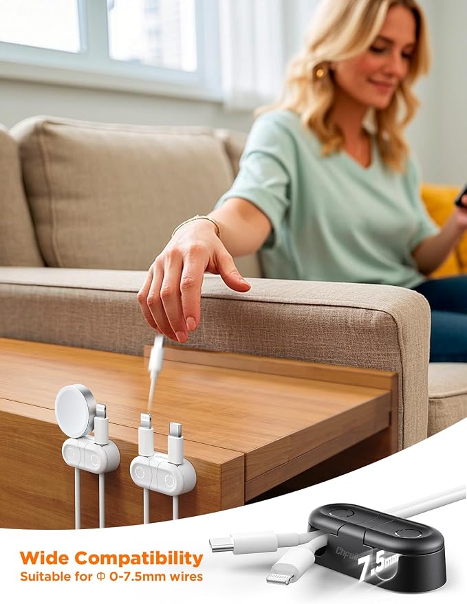 Magnetic Cable Clips - Chfeila 8Pack [Dual Slot] [360°Rotating & Twist-Lock] Cord Management, Adhesive Phone Charging Keeper, Wire Organizer Holder for Nightstand, Home Office Desk Accessories Decor - Image 6