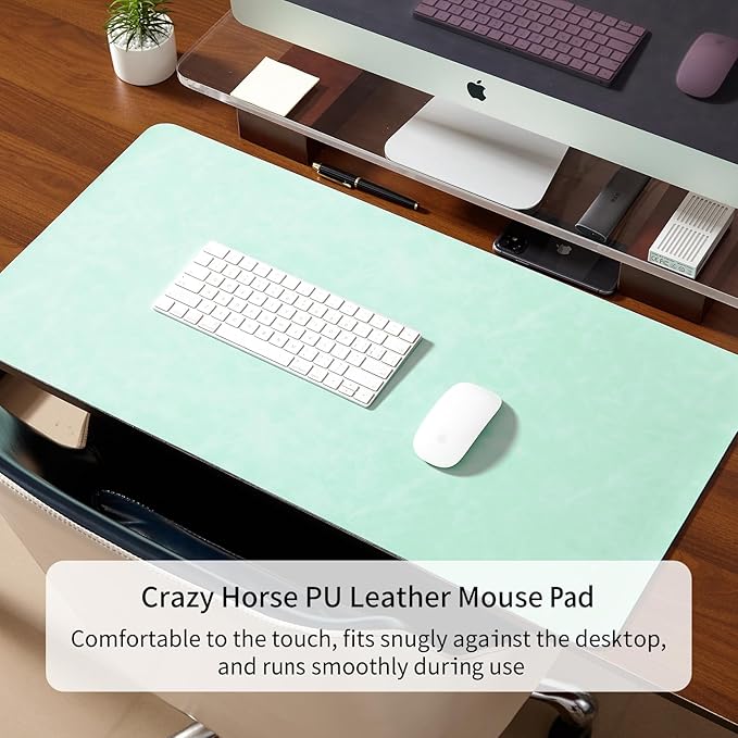 Desk Pad Soft PU Leather Large Mouse Pad Laptop Computer Desk Mat Table Blotter Flat Smooth Waterproof Non-Slip Desktop Protector Writing Pad for Office and Home (Light Green, 80x40cm)