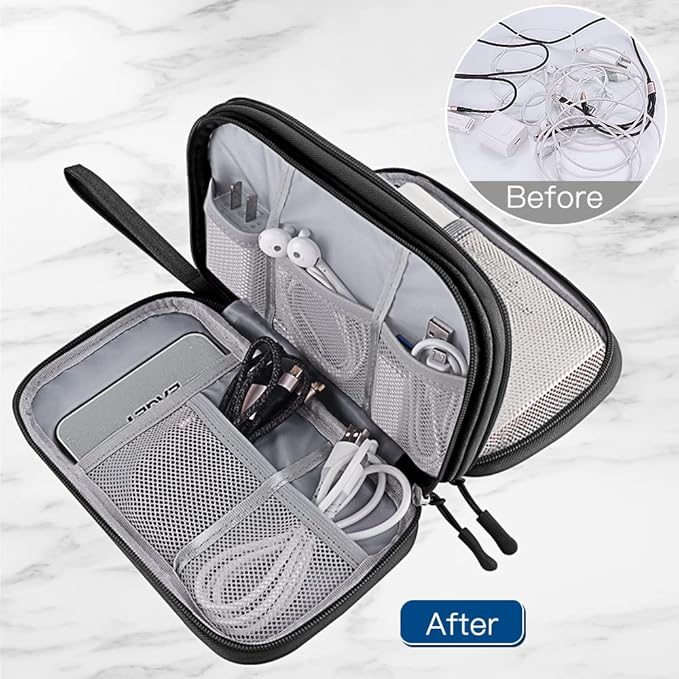 HCFGS Travel Cable Organizer,Electronics Organizer Case Portable Travel Pouch Waterproof Double Layers All-in-One Storage Bag for Cable,Cord,Charger,Phone-Black