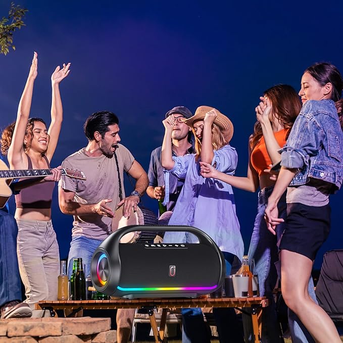 Bluetooth Speaker, IPX5 Waterproof Portable Bluetooth Speaker with Powerful Bass & LED Lights, BT5.3, Wireless Stereo Pairing for Home Party, Beach, Outdoor Camping, Support USB/TF Card/AUX/TWS