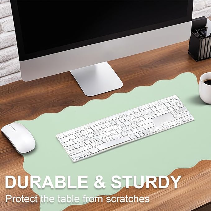 Scalloped Desk Mat Leather Desk Pad Protector Non-Slip PU Leather Table Protector Waterproof Mouse Pad Keyboard Mat Curly Mousepad PC Accessories Gift for Office Home (Sage Green)