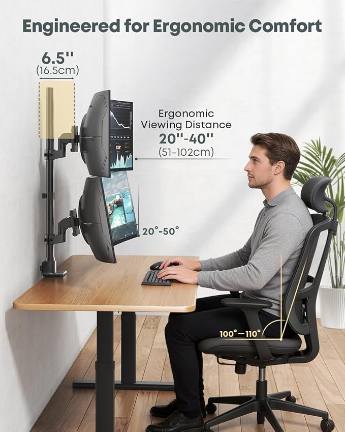 Dual Monitor-Arm Ultrawide Heavy Duty - 24-57 inch Vertical Dual Monitor Mount, Adjustable Stacked Double Monitor Desk Mount Stand, Max Load 59.4 lbs (per Arm), VESA 75/100 mm, Black