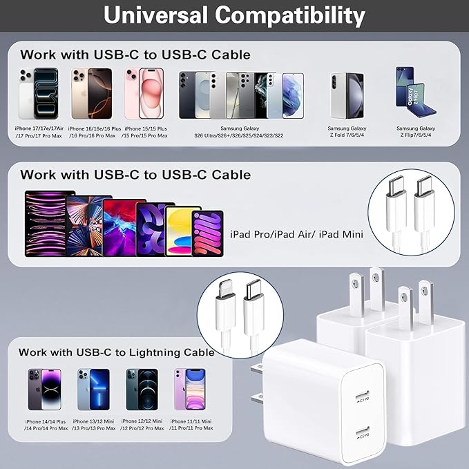 USB C Fast Charger Block,USB C Charging Block 3-Pack Type C 2in1 Dual Ports Plug Wall Charger,Fast Type C Charger for iPhone 17/17e/17Pro/17 Pro Max/Air/16e/16Plus/16Pro Max/15/14/13/12/11/Xs Max/XR/X