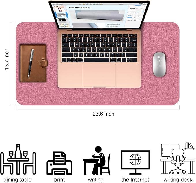 Desk Pad,Large Mouse Pad, Non-Slip PU Leathers Writing Pad,Desktop Protection Pad,Computer Desk Pad, Waterproof Table Mat, Desk Mat for Office and Home Writing (Pink;23.6"x 13.7")