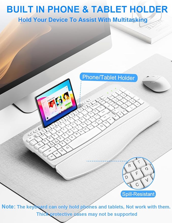 Wireless Keyboard and Mouse Combo, Wave Keys Computer Ergonomic Keyboard with Cushioned Plam Rest, Phone Holder, 2.4GHz Silent 6 Button Wireless Mouse Set for Laptop, PC, Windows, Mac (White)
