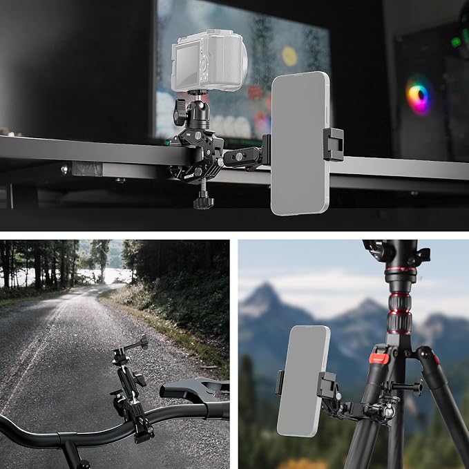NEEWER Super Clamp with 3" Dual Ballhead Magic Arm, Ball Head Adapter, Cold Shoe, Phone Holder, Action Camera Clamp Mount for Flat/Round Surface Compatible with GoPro DJI iPhone 15 Pro Max, ST85 - Image 7