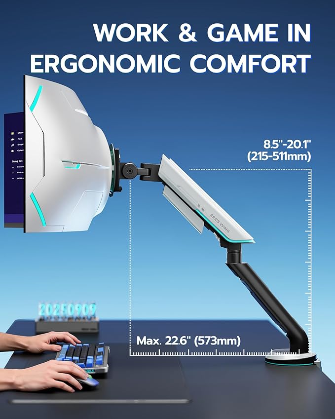 ARES WING Single Monitor Mount, Heavy-Duty Gaming Monitor Arm fits for 24"-57" Ultrawide Screen, Adjustable Computer Monitor Stand Holds Up to 60LBS with VESA Mount, Clamp & Grommet, White