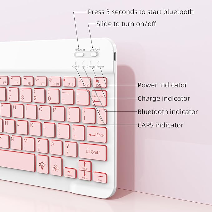 XIWMIX Ultra-Slim Wireless Bluetooth Keyboard-7 Colors Backlit Universal Rechargeable Portable Keyboard for iPad 10th/9th/8th/iPad Pro/Air/Mini/Galaxy Tablet & Other iOS Android Windows Devices-Pink