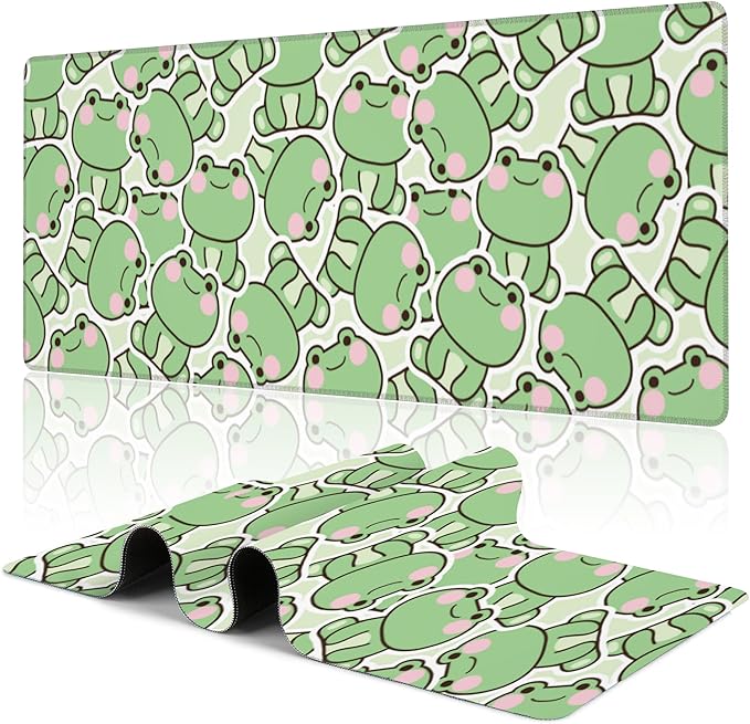 Kawaii Frog Gaming Mouse Pad,Green Cute Desk Mat,31.5""X15.7"" Large Desk Pad with Stitched Edge Non-Slip Base Keyboard Big Mouse Pad for Office Home Work Gaming, WDQ-D09