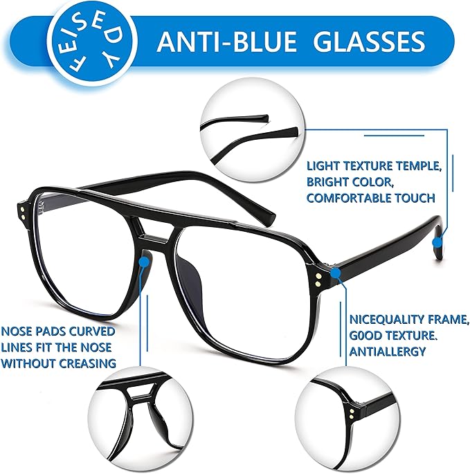 FEISEDY Blue Light Blocking Glasses Fake Nerd Clear Square Computer Lightweight Pilot Glasses Frame Oversized B2866