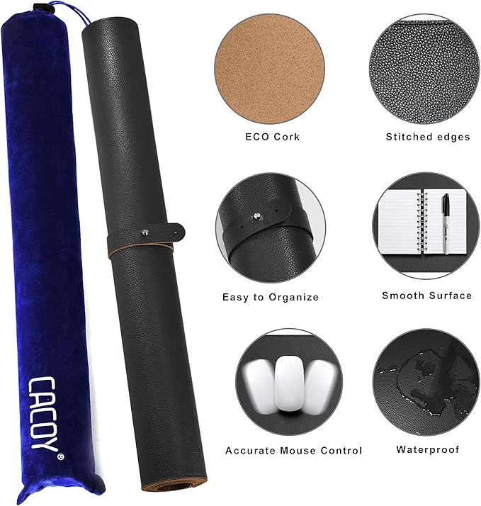 Cacoy Large Desk Mat, 48" x 24" Leather Desk Pad Protector with Cork & PU Leather, Double-Sided Office Desk Cover Mat, Large Computer Mouse Pad, Waterproof Desk Blotter Pad for Office and Home, Black