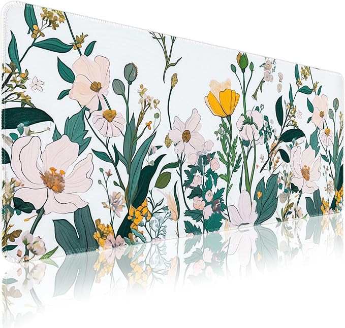 Floral Desk Mat, Desk Matt for Desktop Non-Slip, Large Mouse Pad with Stitched Edges, XL Computer Desk Mat for Women Office Decor (Yellow, 31.5" x 15.7")