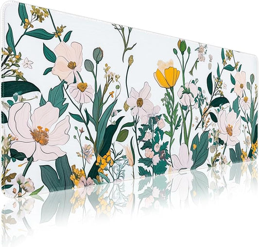 Floral Desk Mat, Desk Matt for Desktop Non-Slip, Large Mouse Pad with Stitched Edges, XL Computer Desk Mat for Women Office Decor (Yellow, 31.5" x 15.7")