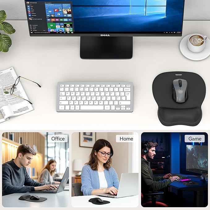 TECKNET 2 Pack Gel Mouse Pad with Wrist Rest, Ergonomic Office Mousepad with Wrist Support - Non-Slip & Smooth Surface Comfortable Desk Accessories Mat for Office, Gaming and Study - Charcoal Black