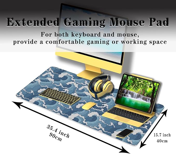 Large Desk Pads Blue and White Desktop Pad, Pc Mouse Pad Keyboard Mat, Desk Pad Gaming Waterproof Non-Slip Rubber Base, 35.4 X 15.7 inch for Work/Game/Office/Home Japanese Abstract Waves