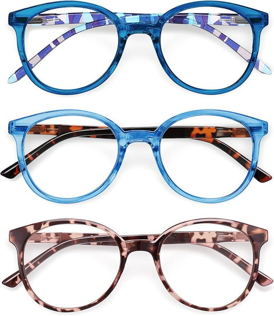 IBOANN Chic & Comfy Blue Light Glasses for Women - 3-Pack Round Frames, Screen-Ready Style with UV Protection Coating