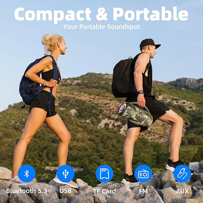 HEAVY BASS Speakers Bluetooth Wireless, 80W Max Loud Portable Speaker with Bass, 20H Playtime, IPX6 Waterproof, Dual Pairing, Gift Ideal for Adults Men Women Teen Boys Girls (Camo, Large)