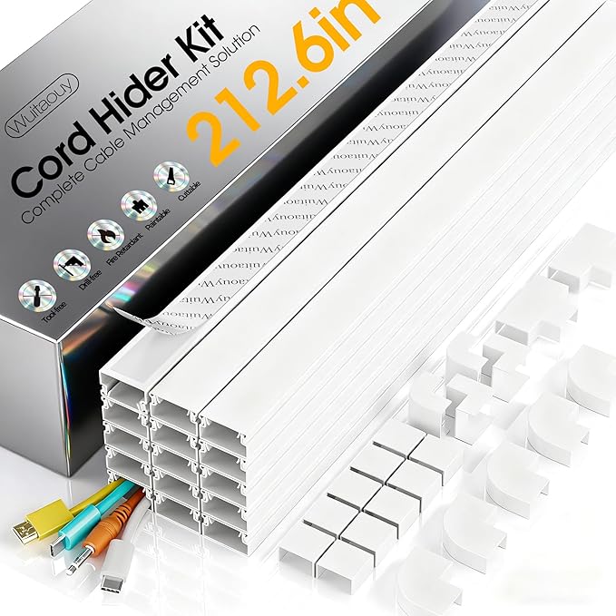 212.6in Cord Hider Kit, Cord Covers for 2-4 Wires on Wall, Self-Adhesive Cable Hider Wire Covers for Cords on Wall, Paintable Cord Hider for Walls Mount Tv, Cable Cover Raceway, W0.95 H0.55in, White by Wuitaouy