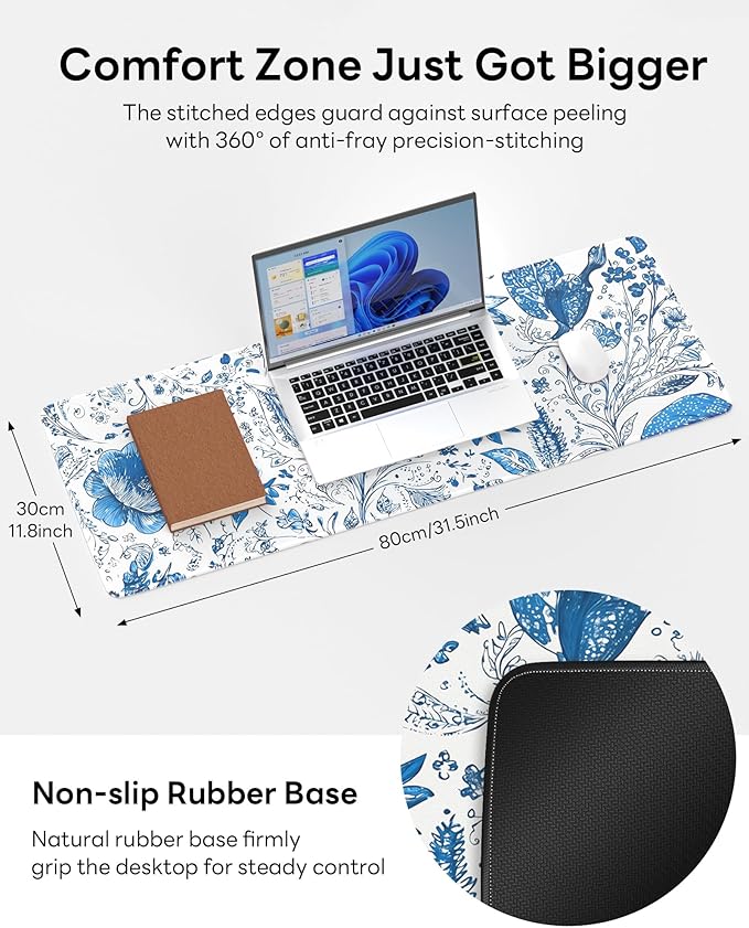 Floral Mouse Pad, 31.5 x 11.8 Large Desk Mat with Stitched Edges & Non-Slip Base, Mousepad for Office, Home, Work, Gaming, Blue Flower