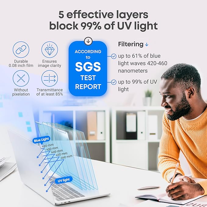 VINTEZ Blue Light Screen Protector for 14 Inch Computer Monitor and Laptop – Anti-UV Blue Light Blocking Film for Desktop PC, Eye Protection Filter, 12.6" x 8.1", 1 Pack